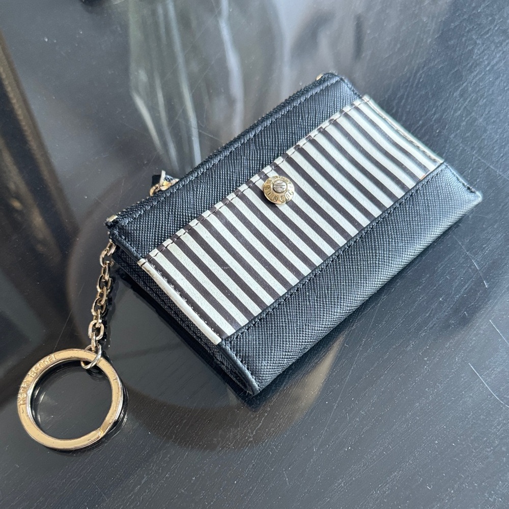 Henry Bendel Mini Zip Black and White Striped Key fob, card holder, coin purse